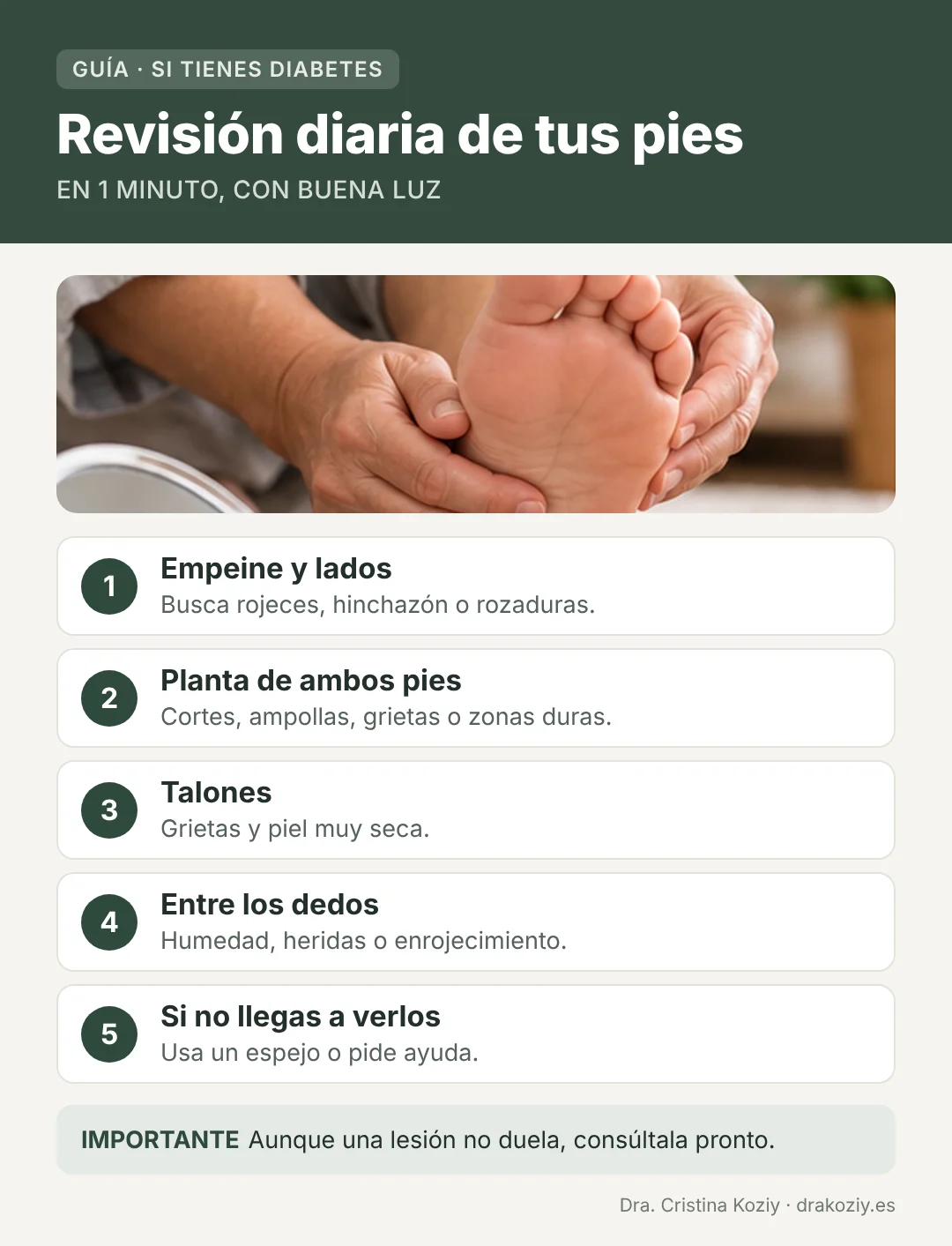 Revisión diaria de los pies si tienes diabetes: empeine, planta, talones y entre los dedos