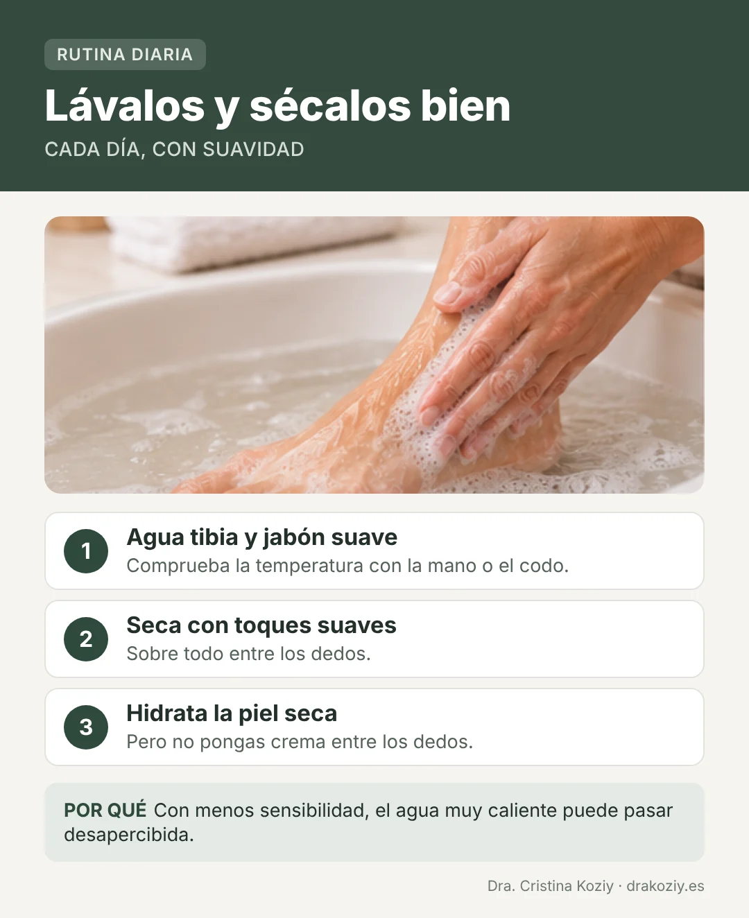 Cómo lavar y secar los pies con diabetes: agua tibia, secado entre los dedos e hidratación