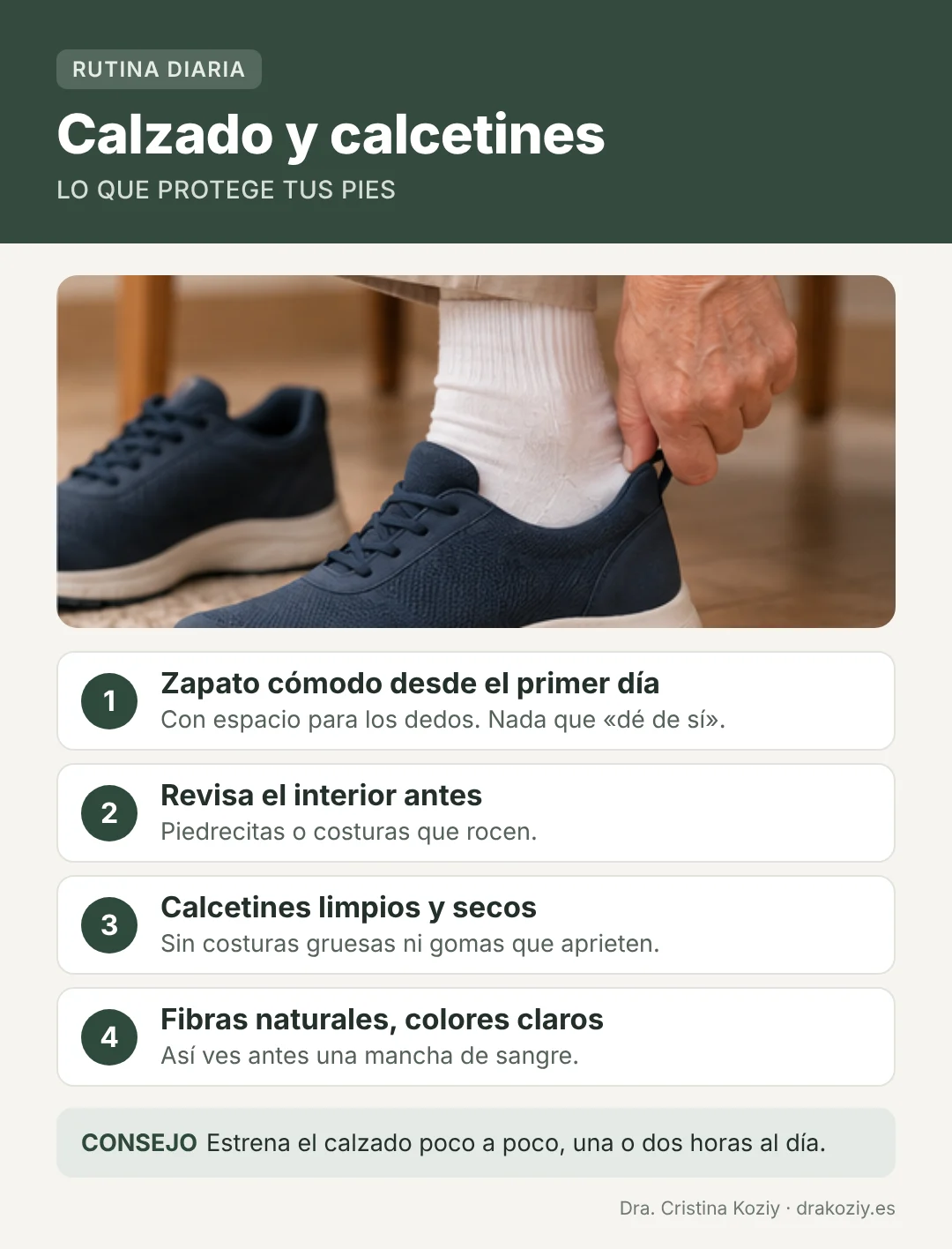 Calzado y calcetines para diabéticos: zapato cómodo, revisar el interior y calcetines claros