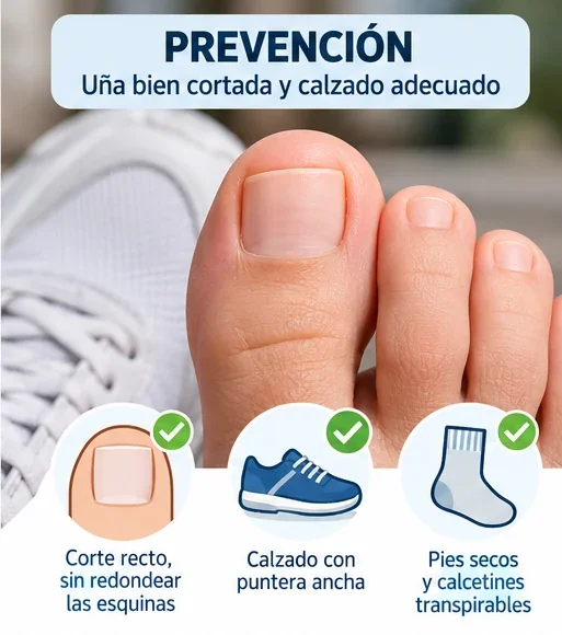 Prevención de la uña encarnada: corte recto, calzado con puntera ancha y calcetines transpirables