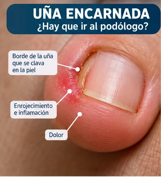 Uña encarnada: borde de la uña clavado en la piel, enrojecimiento e inflamación